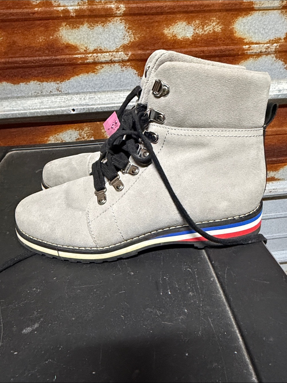Light Gray Suede Combat Boots with Tricolor Sole